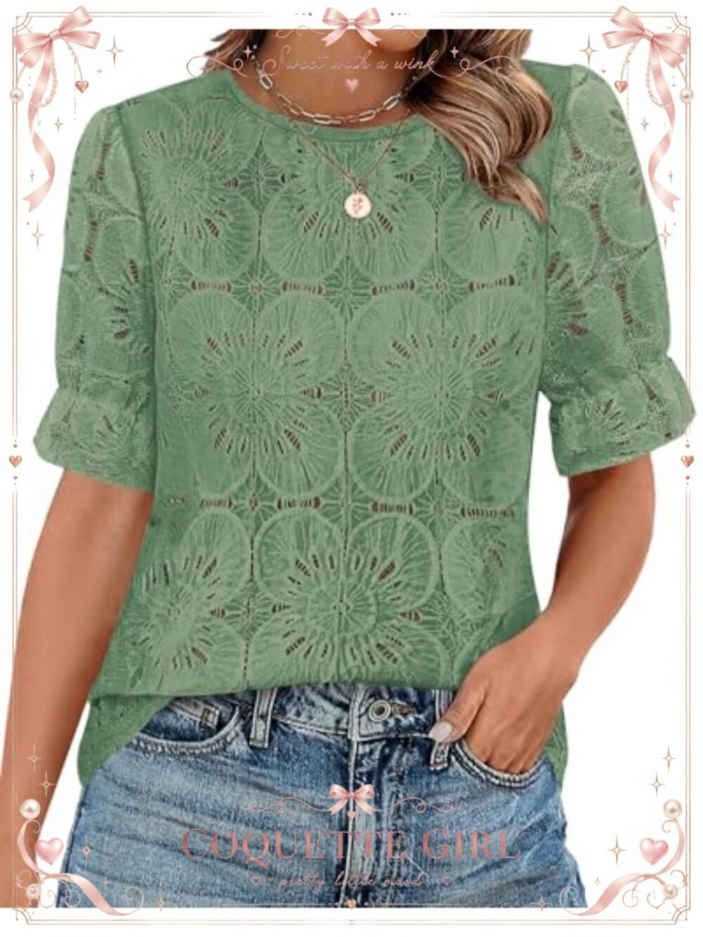 Lace Eyelet Puff Short Sleeve Blouse Dressy Casual Boho Top